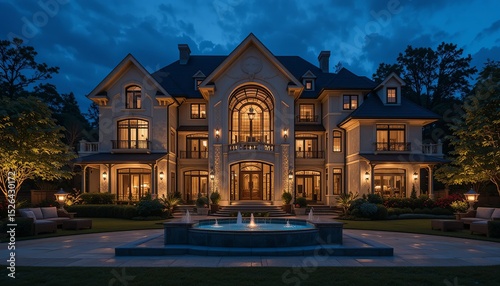 Elegant Estate at Dusk: A luxurious residence shines with warm light against the tranquil evening sky, complemented by a serene fountain.