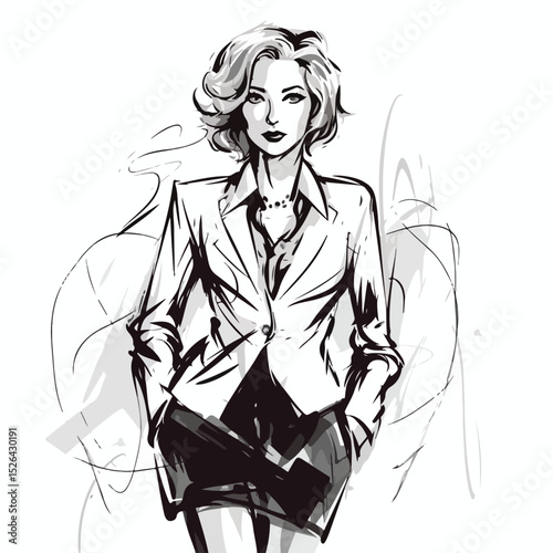 Elegant Businesswoman Cartoon Character in Scribble Style for Professional Presentations