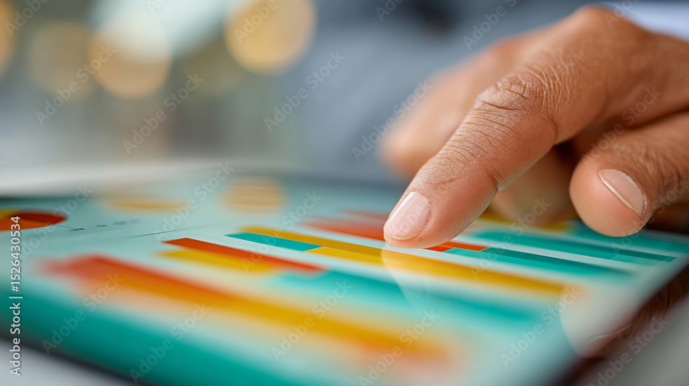 Obraz premium Closeup of executive businessman hands interacting with digital tablet displaying colorful bar graphs, representing data analysis and modern technology in professional setting