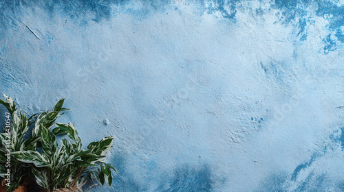 Green foliage plant in pot sits in lower left corner against textured blue wall, creating calm and natural atmosphere with space for creative design