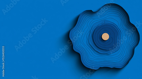 Blue abstract background with concentric circular layers and central beige dot, resembling topographic map or flower, modern minimal design, creative and calm visual