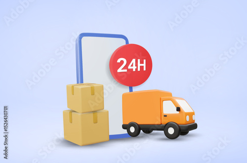 3D Vector Illustration Render of Mobile Phone Screen Displaying Truck with Parcel Camera Next to it and 24H Sign. 24 Hour Parcel Delivery and Tracking Service Concept Online.