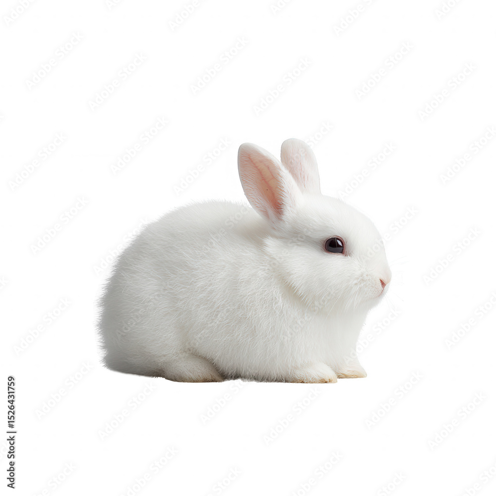 Obraz premium A fluffy white rabbit sitting calmly, showcasing its soft fur and gentle expression against a white isolated background.