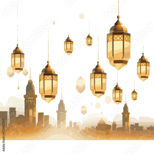 Traditional Hajj Mabrour Celebration with Beautiful Hanging Golden Lanterns EPS Illustration