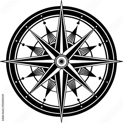 Simple black and white compass rose illustration against a white backdrop, indicating navigational points.  