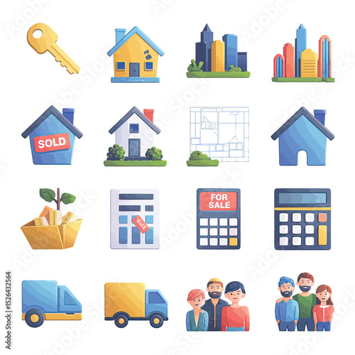 vector icons real estate business house key, symbolizing ownership new home House Sold Sign icon "Sold" sign in front, representing successful real estate 
