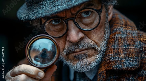 An elderly detective carefully examining evidence with a magnifying glass