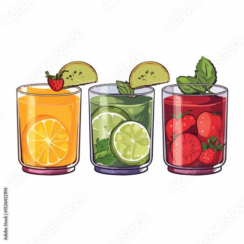 Colorful Cartoon Vector Illustration of Healthy Drink Juice in Nature with Glasses