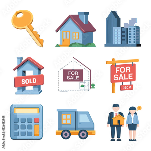 vector icons real estate business house key, symbolizing ownership new home House Sold Sign icon "Sold" sign in front, representing successful real estate 

