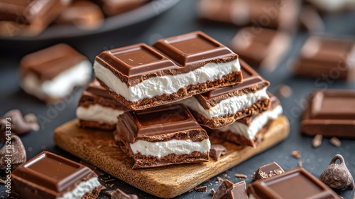 Stacked chocolate bars with white cream filling, dark background, chocolate chips photo