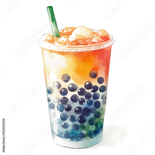 Bubble Tea, watercolor drawing vector, high quality, isolated on a white background.