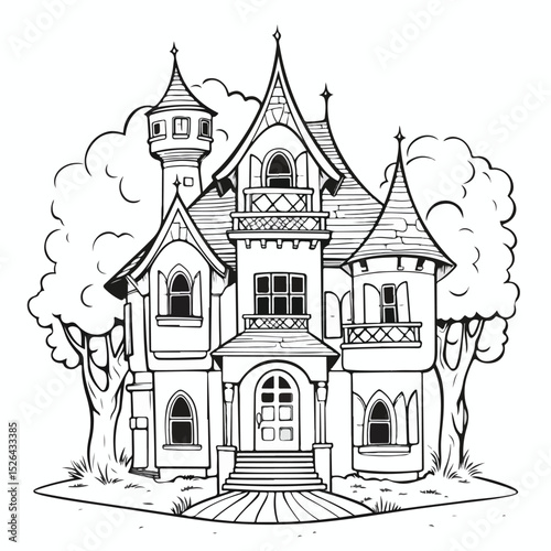 Professional Black and White Cartoon House Real Estate Illustration Isolated on White Background for Marketing Materials and Property Listings