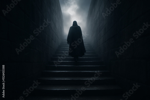 A silhouette of a person walking through a dark tunnel into the light