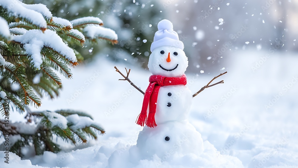 Fototapeta premium Charming Snowman in Winter Wonderland Festive Snow Day Scene