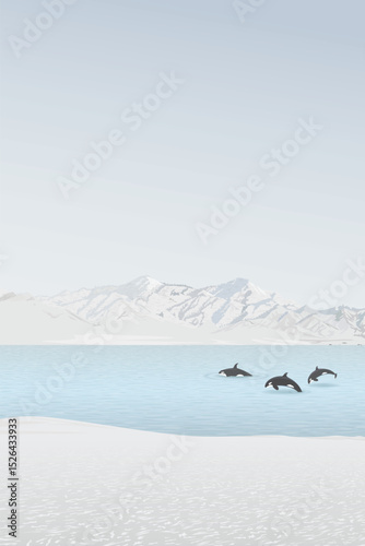 A pod of killer whales swims in the middle of the sea in winter with mountain ranges in the distance have dusk sky background graphic illustration.