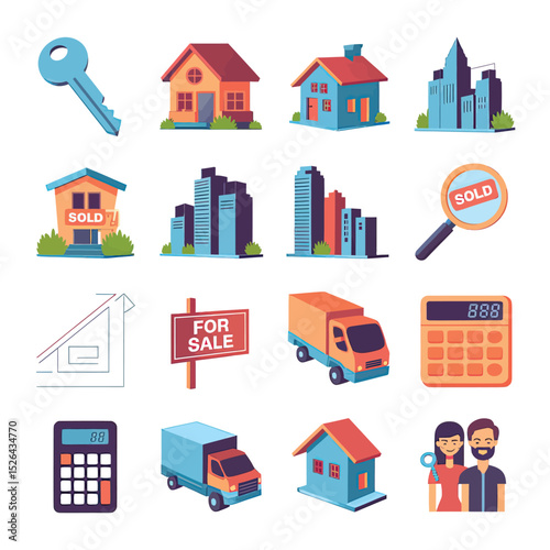vector icons real estate business house key, symbolizing ownership new home House Sold Sign icon "Sold" sign in front, representing successful real estate 
