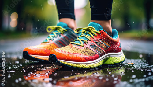 Close-up of colorful running shoes on wet pavement with raindrops glistening in a moody atmosphere during a rainy day