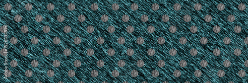 Woven teal and charcoal fabric texture with circular dotted pattern and soft textile thread surface effect