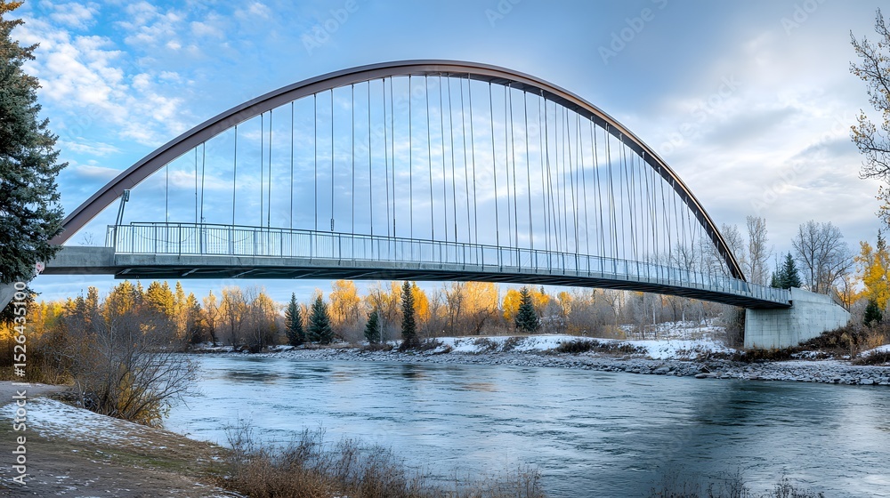 Obraz premium A modern pedestrian bridge spans a river in a park setting.