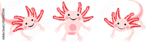 Cute smiling cartoon axolotls with pink gills illustration 