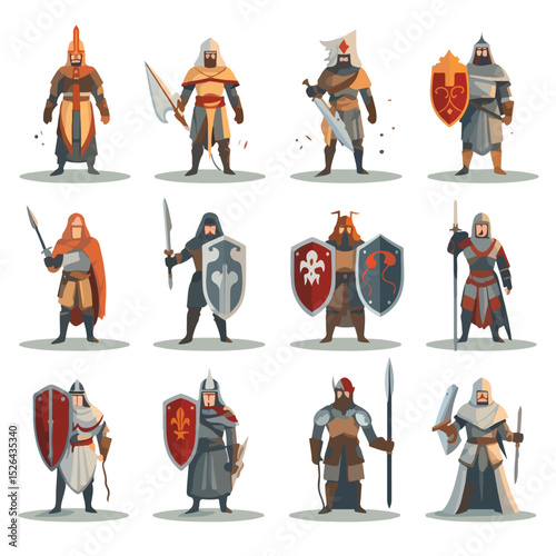 Detailed Medieval Warriors Icons Vector Illustration for Historical Designs