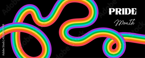LGBT progress flag banner. Abstract wave ribbon in rainbow flag colors on isolated black background with copy space. Vector design template for pride month poster, card