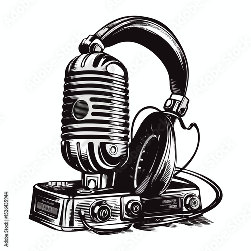 Professional Vintage Microphone and Headphones for Music Recording and Podcasting