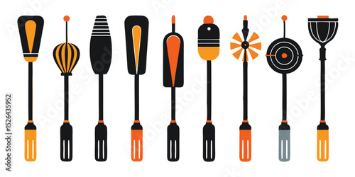 A flatlay design featuring a collection of vintage handheld beaters in a colorful style