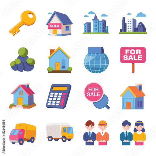 vector icons real estate business house key, symbolizing ownership new home House Sold Sign icon "Sold" sign in front, representing successful real estate 
