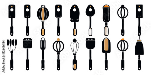 A flatlay design featuring a collection of vintage handheld beaters in yellow cyan magenta and black
