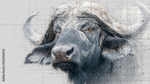 A striking stock image of a buffalo with emphasis on its head, set against a clean white background. Generative AI