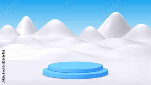 3D Vector Illustration of Minimalistic Snowy Hills and Blue Platform