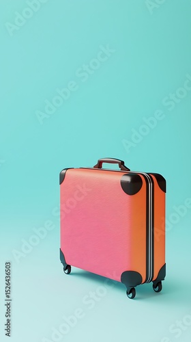 A vibrant pink and orange suitcase standing against a clean, light blue background in studio