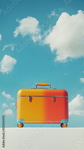 A colorful suitcase with a gradient from yellow to red against a blue sky with white clouds