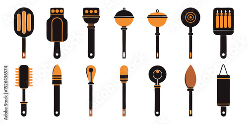 A flatlay design featuring a collection of vintage handheld beaters in a colorful style