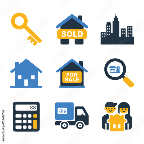 vector icons real estate business house key, symbolizing ownership new home House Sold Sign icon "Sold" sign in front, representing successful real estate 
