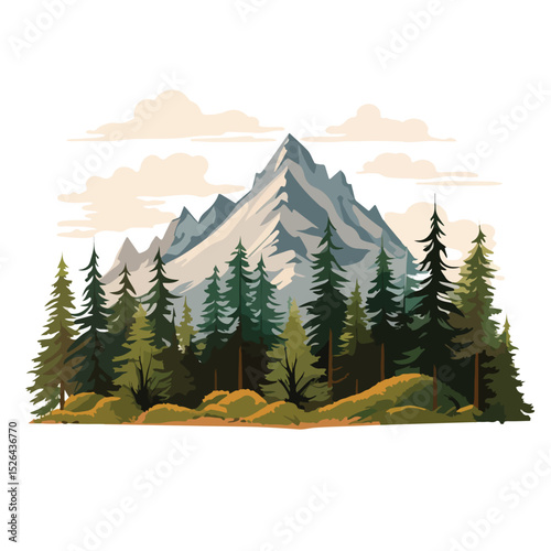 Scenic Peaks and Pines Flat Landscape Vector Illustration - Detailed Mountain Landscape for Designs