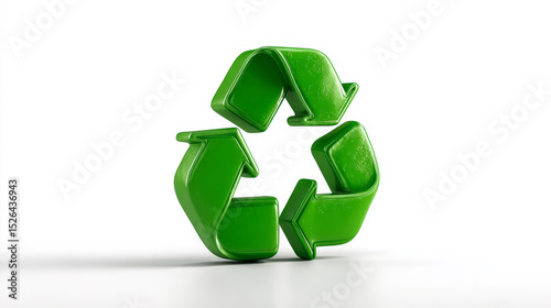 A vibrant 3D render of a glowing neon green recycling symbol with circular arrows, presented on a clean white background. Generative AI