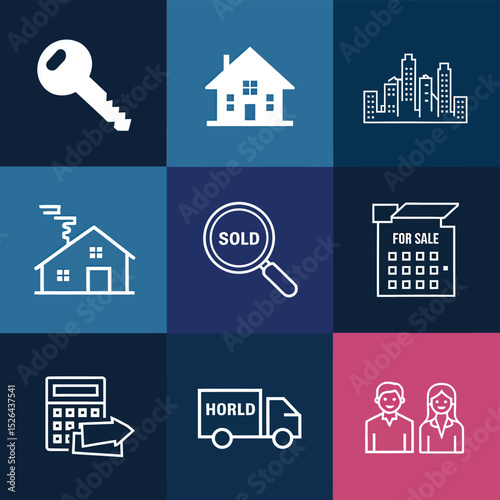 vector icons real estate business house key, symbolizing ownership new home House Sold Sign icon "Sold" sign in front, representing successful real estate 
