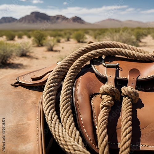 This image focuses on a coiled lasso or roping rope resting on a brown leather saddle or similar Western gear. The background reveals a wide, expansive desert landscape with distant mountains and spar