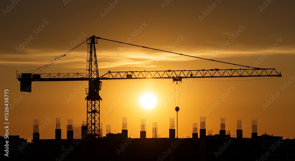 Fototapeta premium Tower crane silhouetted against sunset