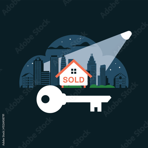 vector icons real estate business house key, symbolizing ownership new home House Sold Sign icon "Sold" sign in front, representing successful real estate 
