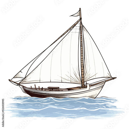 Nautical Wooden Boat with Sail Sketch Silhouette for Maritime Designs