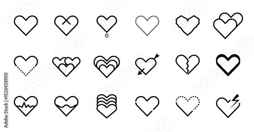 Heart Icons Set. Love, romance, and emotions in line style. Minimalist heart symbols in outline style. Great for dating apps, romantic messages, and emotional branding.