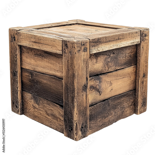 Rustic wooden crate with sturdy design and texture on transparent background. 

