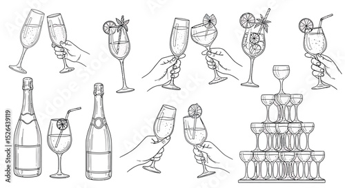 Hand Drawn Party Drinks & Glasses Set - Champagne Celebration Vector Sketches