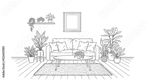 Hand Drawn Living Room Interior - Cozy Home Scene Vector Illustration