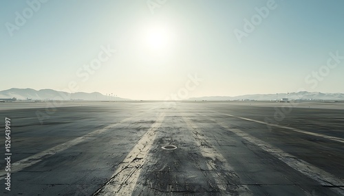 A view of an airport runway stretching into the distance with mountains in the background lit by sun