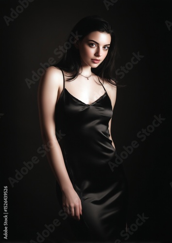 Une femme portant une chemise de nuit noire en soie, debout face à l'objectif, cheveux bruns, longs, pose sensuelle avec lumière éclairant son corps, arrière-plan sombre.