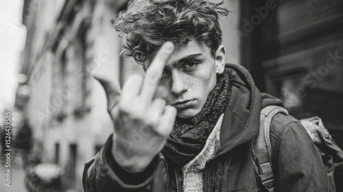 A bold black-and-white photo of a young man flipping the middle finger, exuding raw urban attitude and streetwise defiance. Generative AI